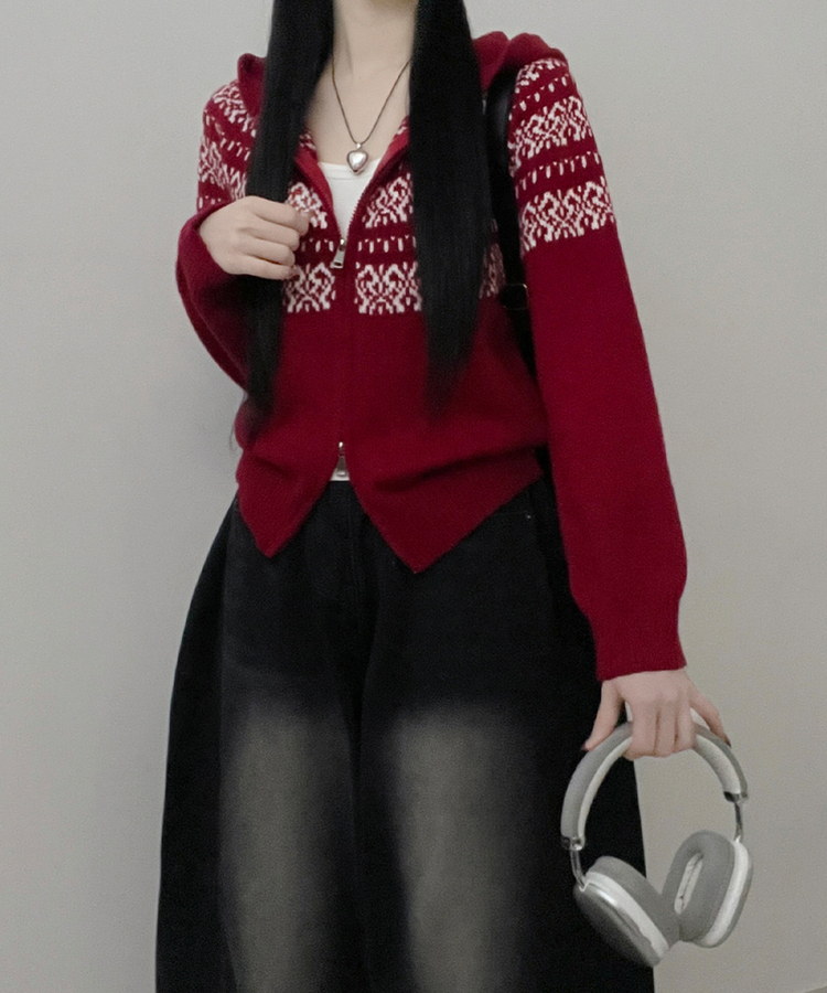 씨오노르딕패턴루즈핏니트투웨이후드집업 레드