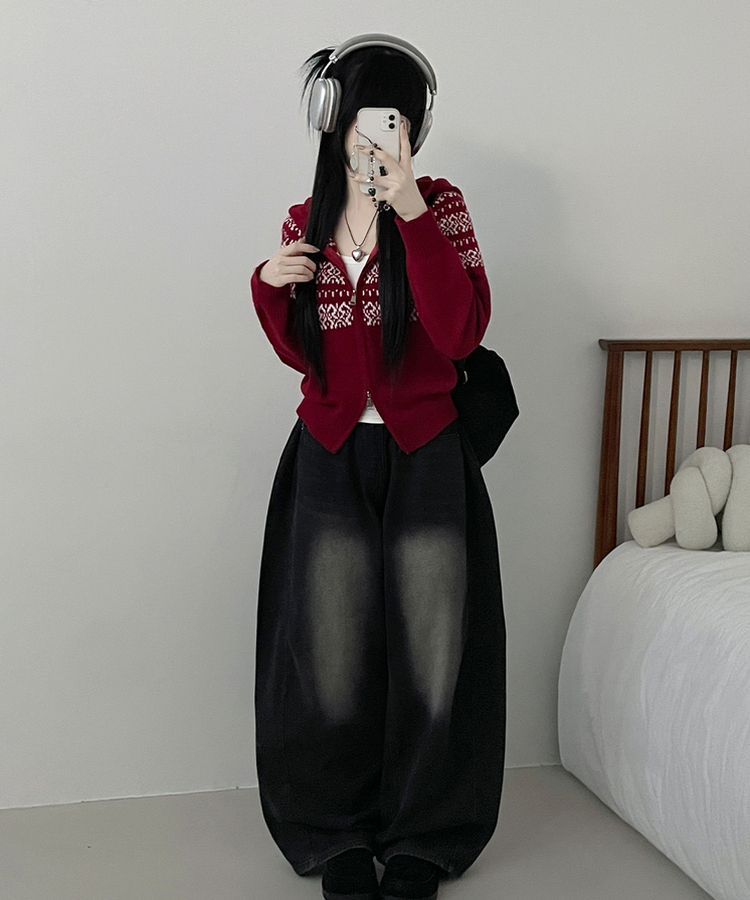 씨오노르딕패턴루즈핏니트투웨이후드집업 레드