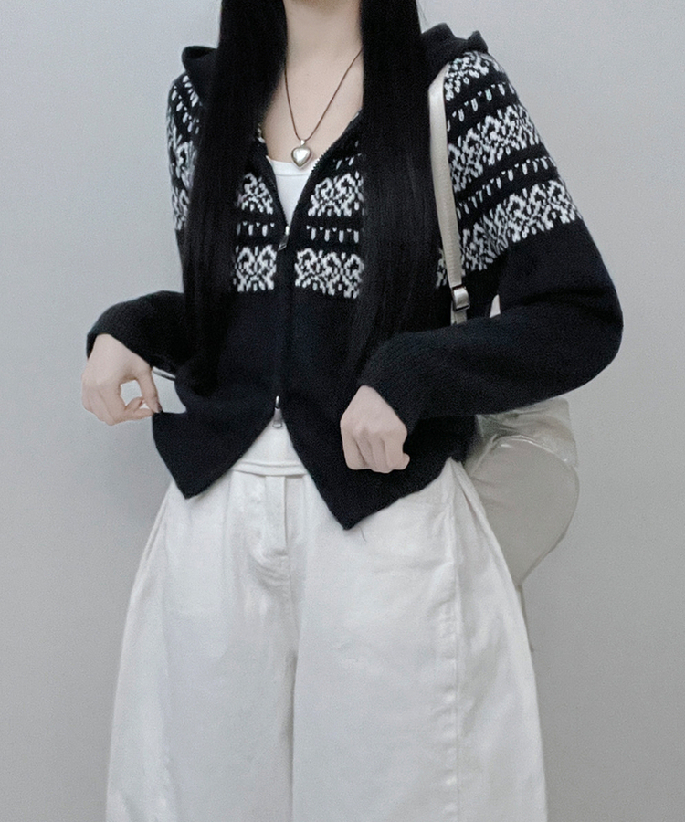 씨오노르딕패턴루즈핏니트투웨이후드집업 네이비