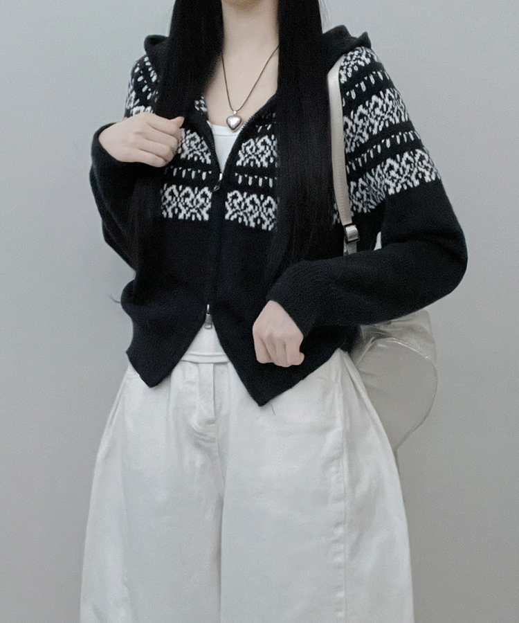 씨오노르딕패턴루즈핏니트투웨이후드집업 네이비