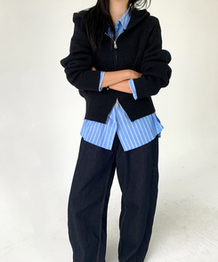 ラグランフードニットジップアップ(6color) BLACK