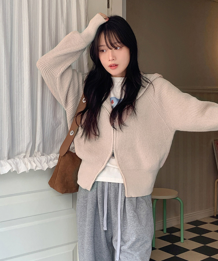 ラグランフードニットジップアップ(6color) BEIGE