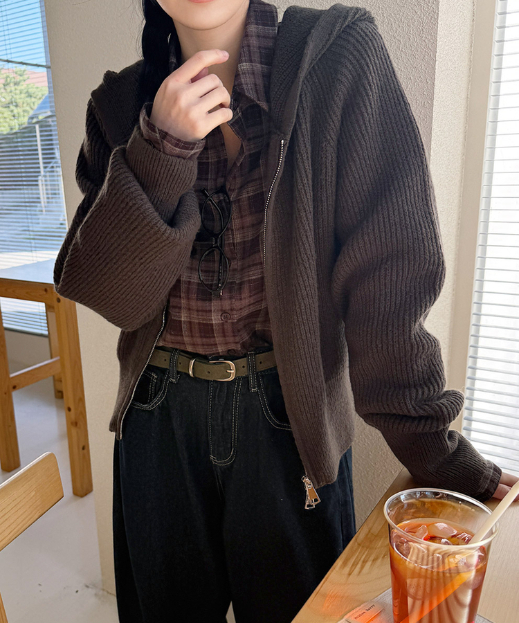 ラグランフードニットジップアップ(6color) BROWN