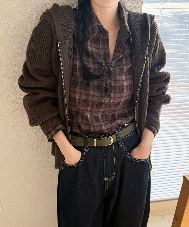 ラグランフードニットジップアップ(6color) BROWN