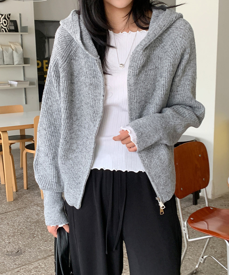 ラグランフードニットジップアップ(6color) GREY