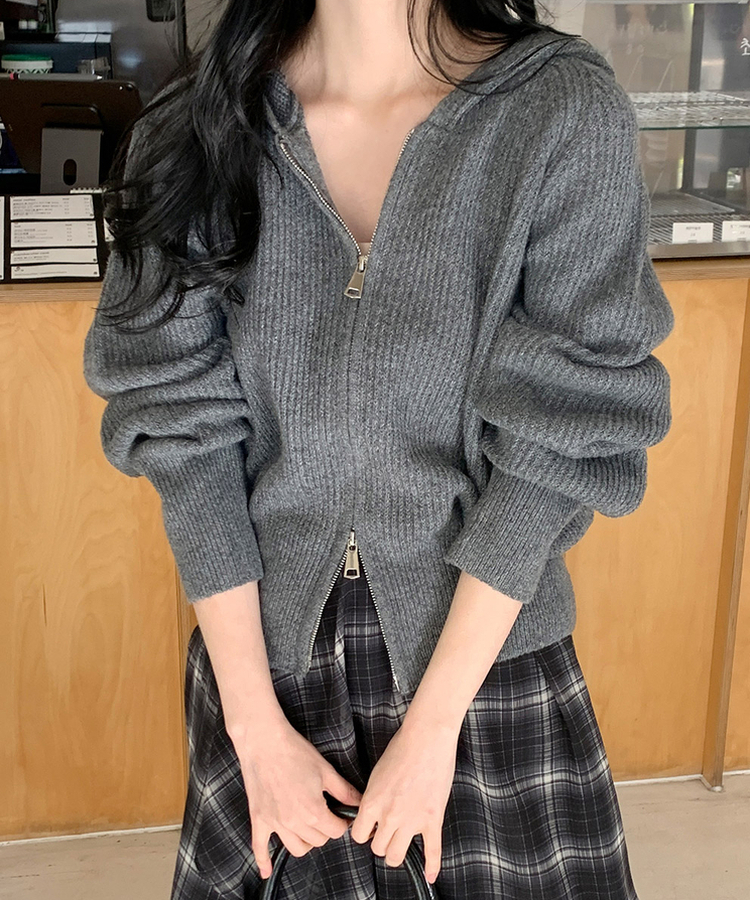 ラグランフードニットジップアップ(6color) CHARCOAL