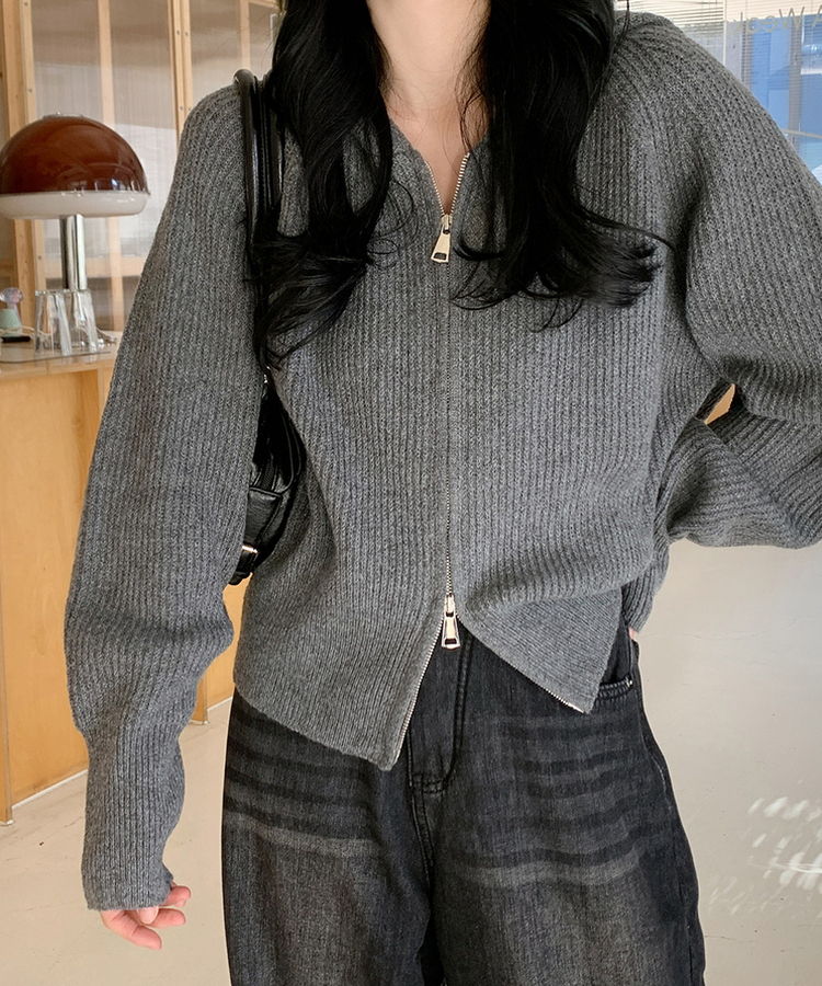 ラグランフードニットジップアップ(6color) CHARCOAL