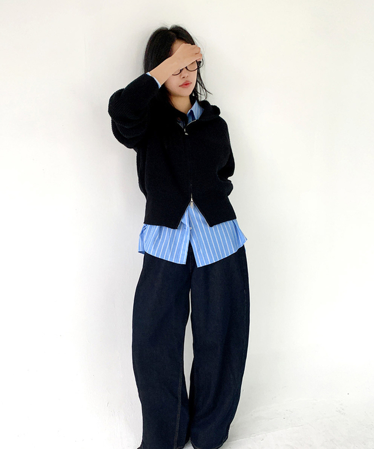 ラグランフードニットジップアップ(6color) BLACK