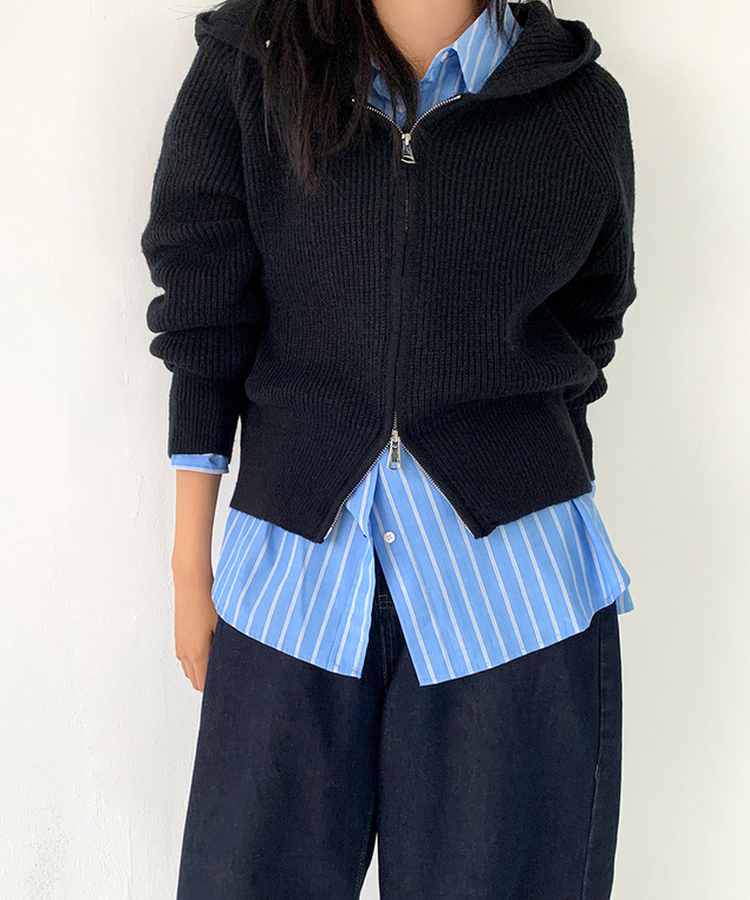 ラグランフードニットジップアップ(6color) BLACK