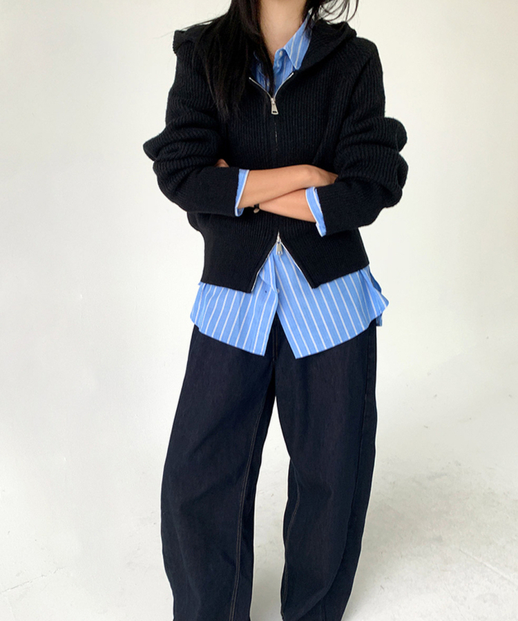 ラグランフードニットジップアップ(6color) BLACK