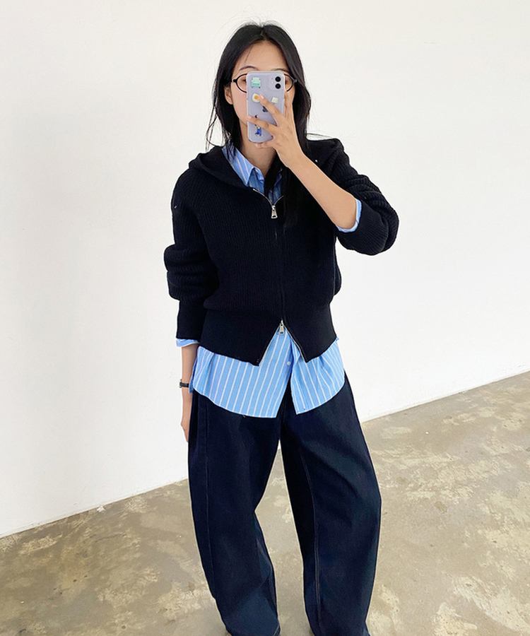 ラグランフードニットジップアップ(6color) BLACK