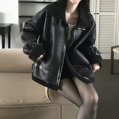 아인 스웨이드 레더 양털 하이넥 버클 스트랩 무스탕 자켓 블랙