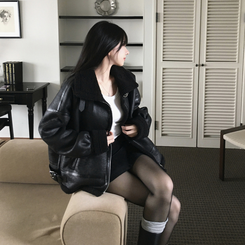 아인 스웨이드 레더 양털 하이넥 버클 스트랩 무스탕 자켓 블랙