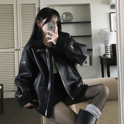 아인 스웨이드 레더 양털 하이넥 버클 스트랩 무스탕 자켓 블랙