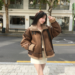 아인 스웨이드 레더 양털 하이넥 버클 스트랩 무스탕 자켓 브라운