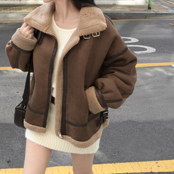 아인 스웨이드 레더 양털 하이넥 버클 스트랩 무스탕 자켓 브라운