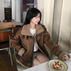 아인 스웨이드 레더 양털 하이넥 버클 스트랩 무스탕 자켓 브라운