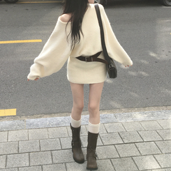 유앤 벨트 세트 앙고라 긴팔 미니 니트 원피스 아이보리