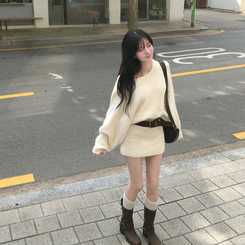 유앤 벨트 세트 앙고라 긴팔 미니 니트 원피스 아이보리