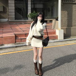 유앤 벨트 세트 앙고라 긴팔 미니 니트 원피스 아이보리