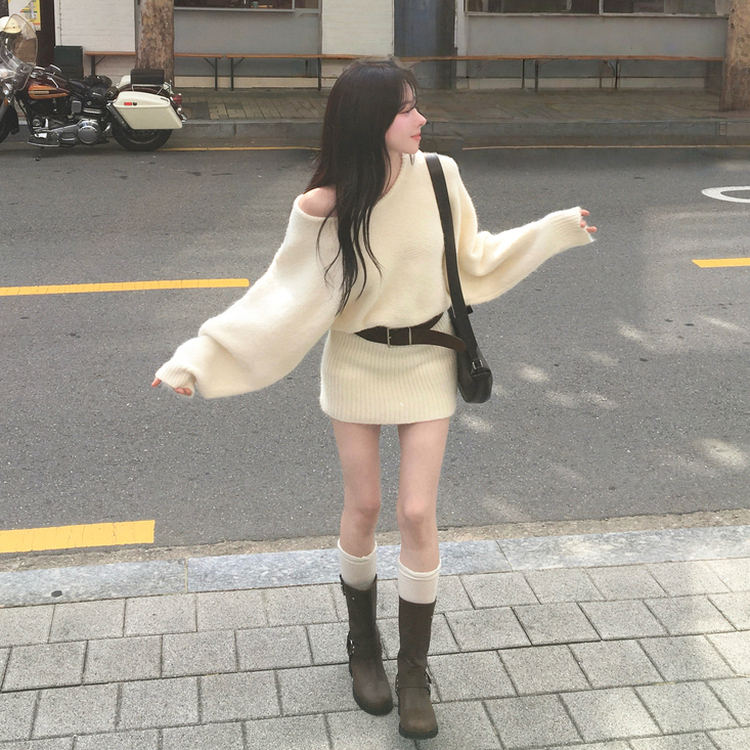 유앤 벨트 세트 앙고라 긴팔 미니 니트 원피스 아이보리