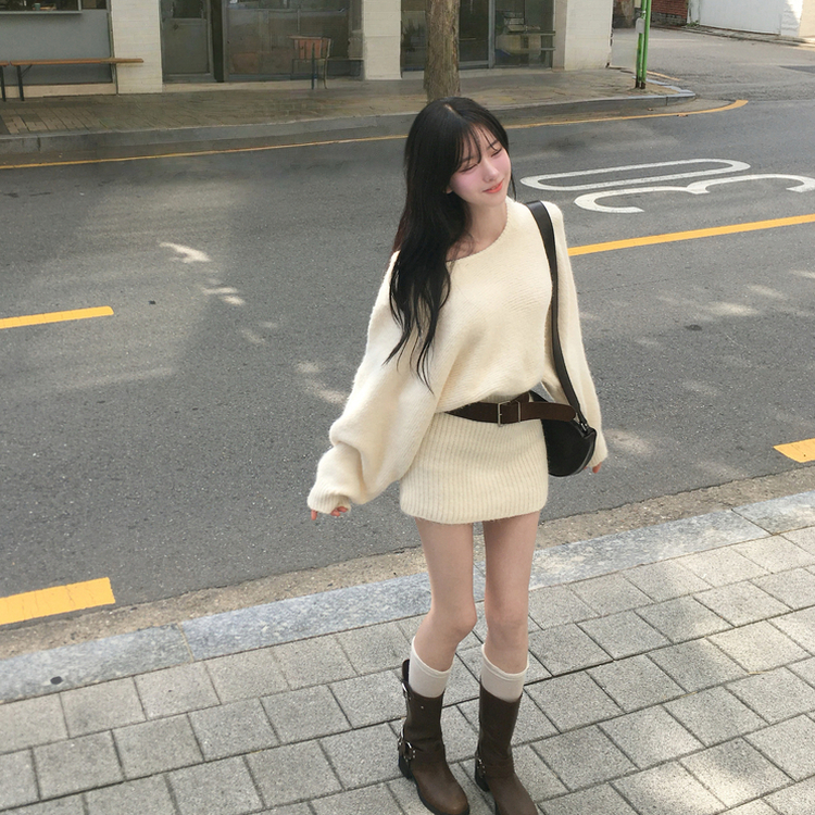 유앤 벨트 세트 앙고라 긴팔 미니 니트 원피스 아이보리