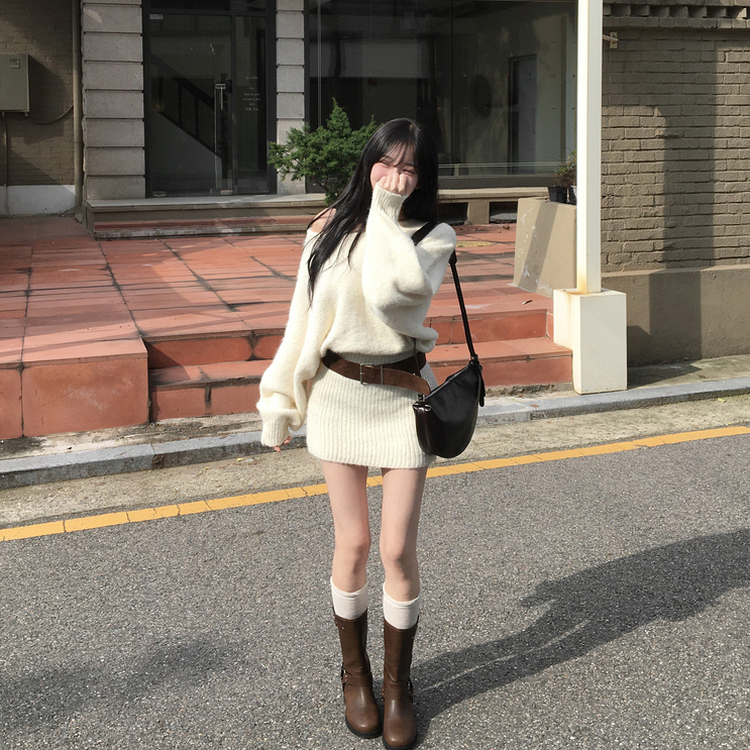 유앤 벨트 세트 앙고라 긴팔 미니 니트 원피스 아이보리