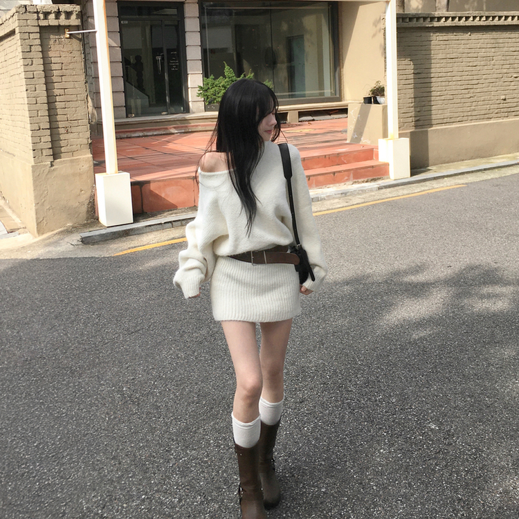 유앤 벨트 세트 앙고라 긴팔 미니 니트 원피스 아이보리