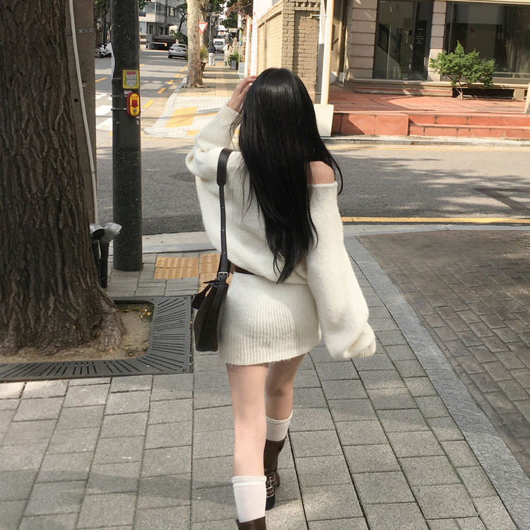 유앤 벨트 세트 앙고라 긴팔 미니 니트 원피스 아이보리