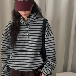 포블 하이넥 버튼 스트라이프 아방핏 단가라 맨투맨후드티 그레이