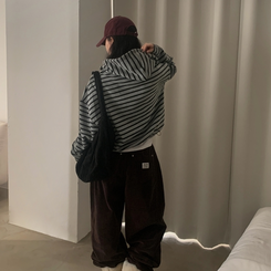 포블 하이넥 버튼 스트라이프 아방핏 단가라 맨투맨후드티 그레이