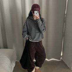 포블 하이넥 버튼 스트라이프 아방핏 단가라 맨투맨후드티 그레이