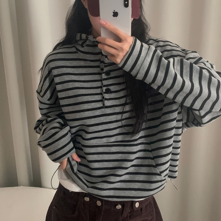 포블 하이넥 버튼 스트라이프 아방핏 단가라 맨투맨후드티 그레이