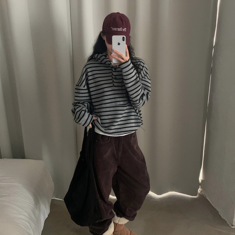 포블 하이넥 버튼 스트라이프 아방핏 단가라 맨투맨후드티 그레이