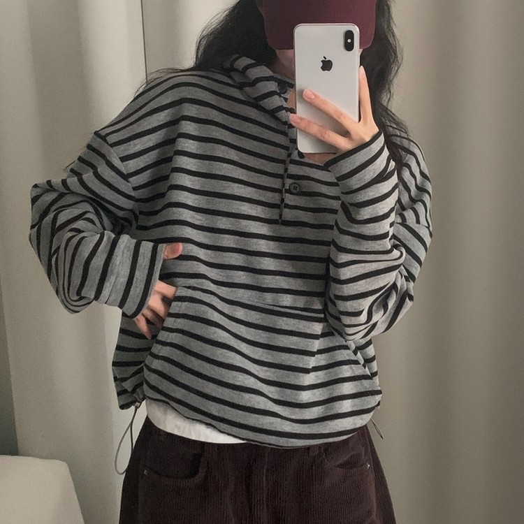 포블 하이넥 버튼 스트라이프 아방핏 단가라 맨투맨후드티 그레이