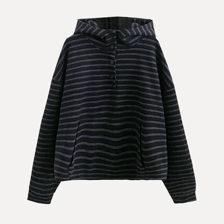 포블 하이넥 버튼 스트라이프 아방핏 단가라 맨투맨후드티