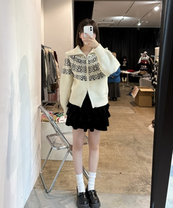 마블링 노르딕 니트 집업 아이보리