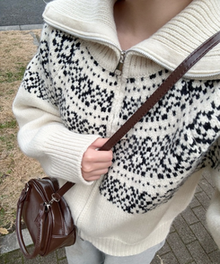 마블링 노르딕 니트 집업 아이보리