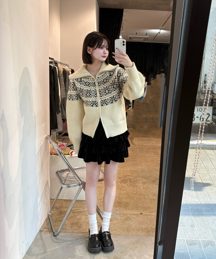 마블링 노르딕 니트 집업 아이보리