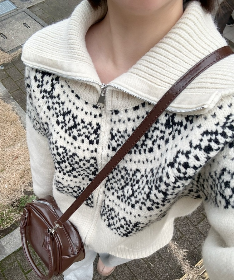 마블링 노르딕 니트 집업 아이보리