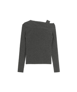 (華奢見えシルエット / ピタッと伸縮性◎)   ストラップ付きアシメオフショルニット