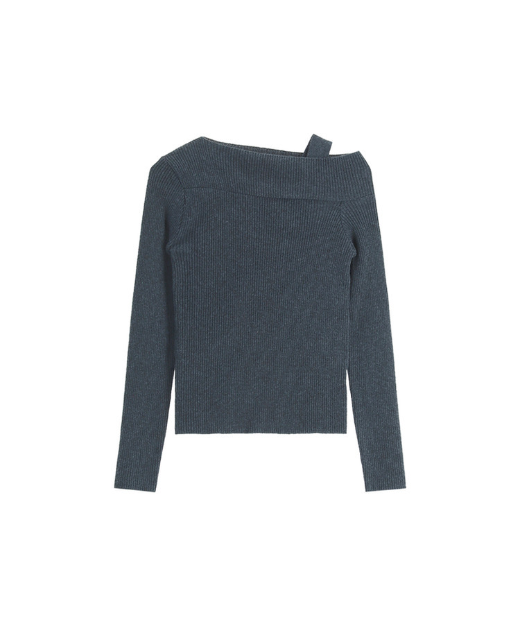 (華奢見えシルエット / ピタッと伸縮性◎)   ストラップ付きアシメオフショルニット