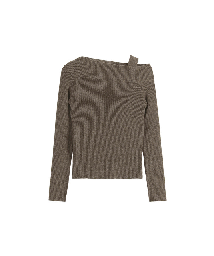 (華奢見えシルエット / ピタッと伸縮性◎)   ストラップ付きアシメオフショルニット