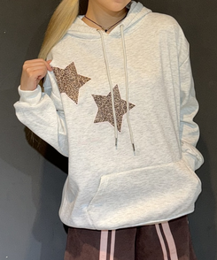 (기모)투스타 레오파드 별패치 후드 아이보리