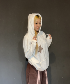 (기모)투스타 레오파드 별패치 후드 아이보리