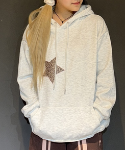 (기모)투스타 레오파드 별패치 후드 아이보리