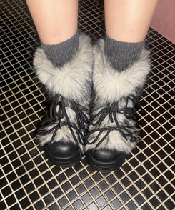 ファーリボンアンクルブーツ BLACK