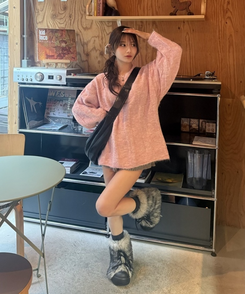 ファーリボンアンクルブーツ BLACK