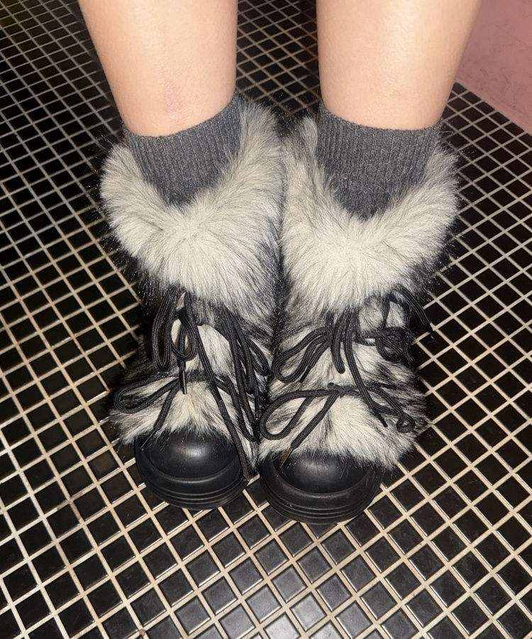 ファーリボンアンクルブーツ BLACK