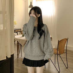 도톰 폭닥 꽈배기 케이블 라운드 오버핏 겨울 울니트 빅사이즈 그레이